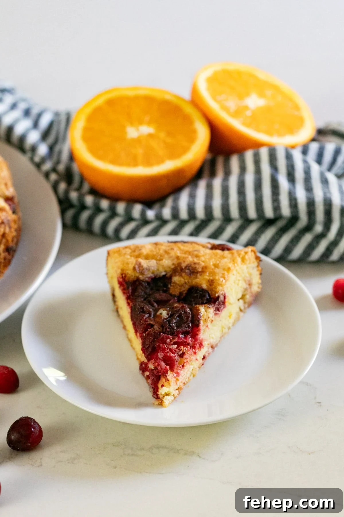 Moist Orange Cranberry Cake Recipe with Zesty Glaze 2 A slice of cranberry cake on a white plate with oranges behind it.