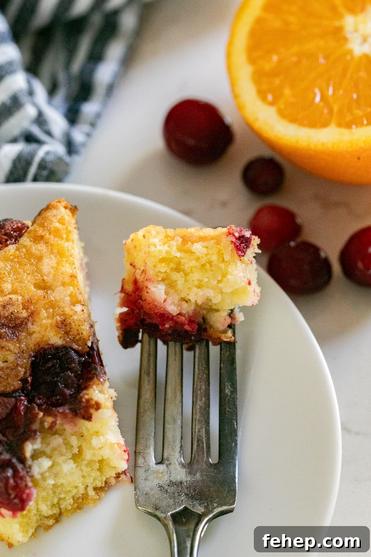 Moist Orange Cranberry Cake Recipe with Zesty Glaze 11 A close up of a bite of cake on a fork.