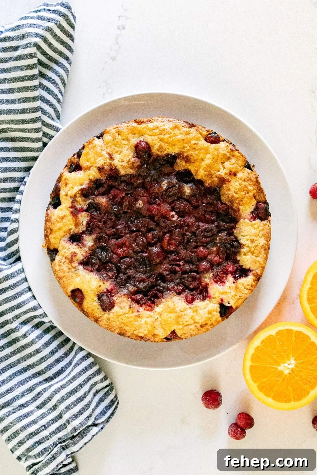 Moist Orange Cranberry Cake Recipe with Zesty Glaze 3 An overhead image of a cranberry cake with citrus on a plate.