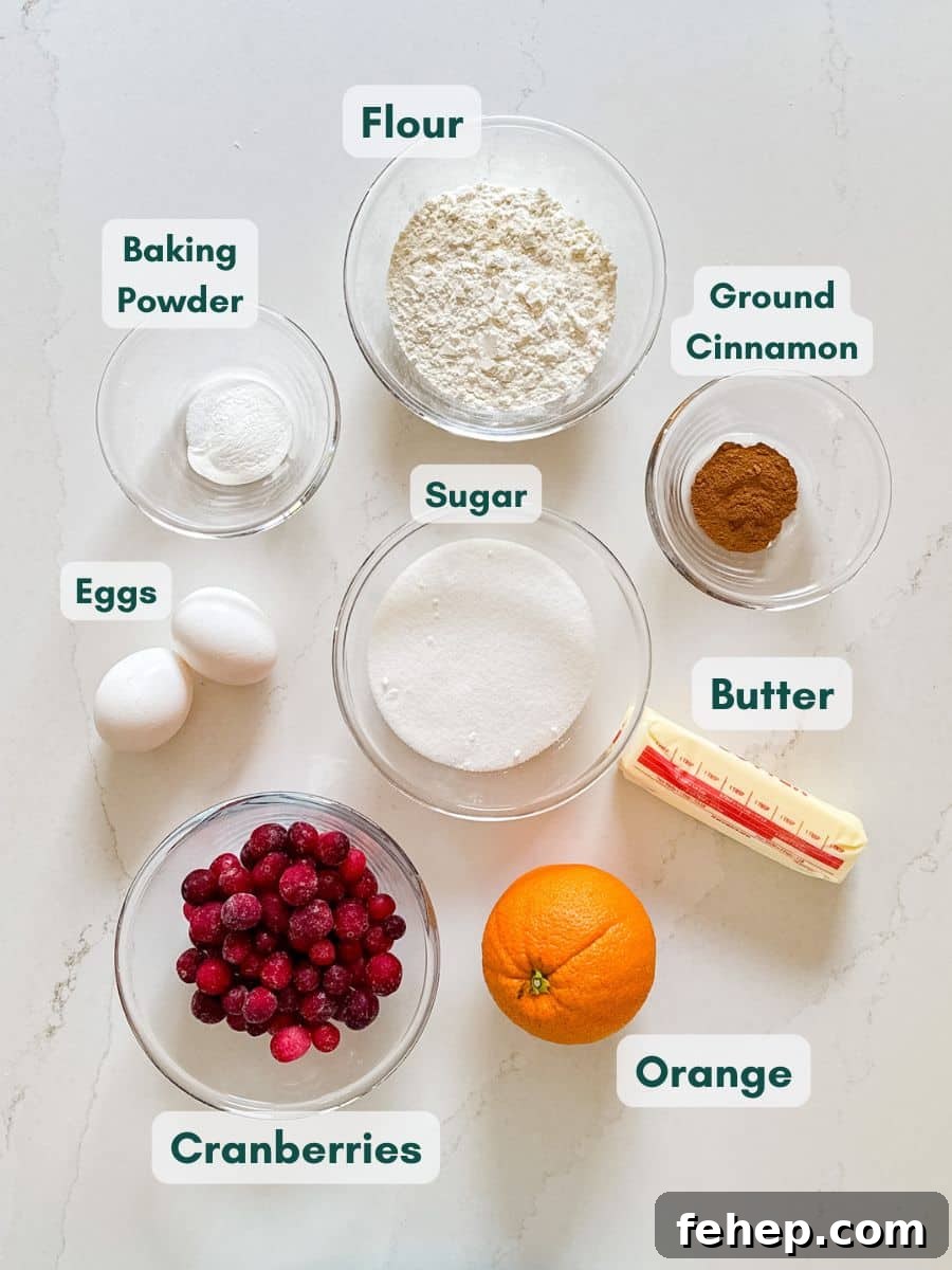 Moist Orange Cranberry Cake Recipe with Zesty Glaze 4 An overhead image of labeled recipe ingredients.