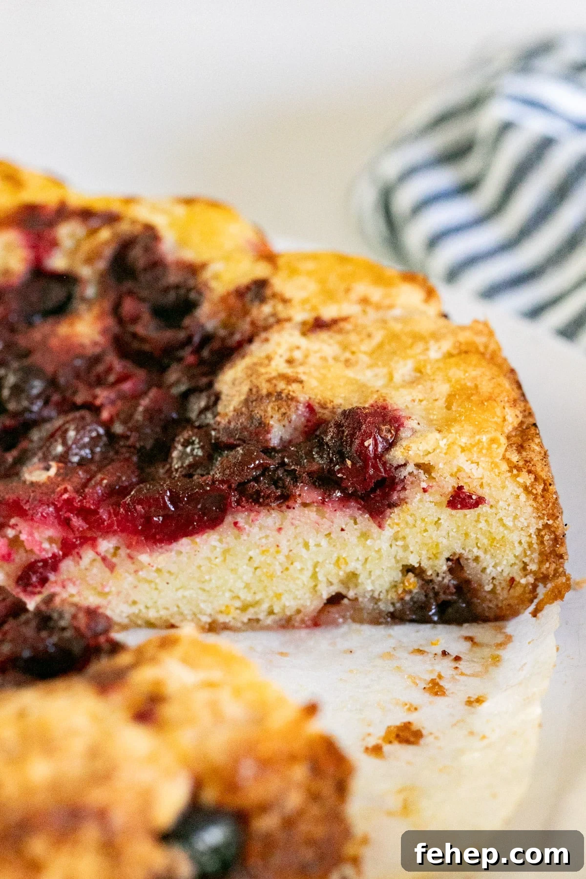 Moist Orange Cranberry Cake Recipe with Zesty Glaze 9 A close up of the cut side of a cake revealing the moist crumb.