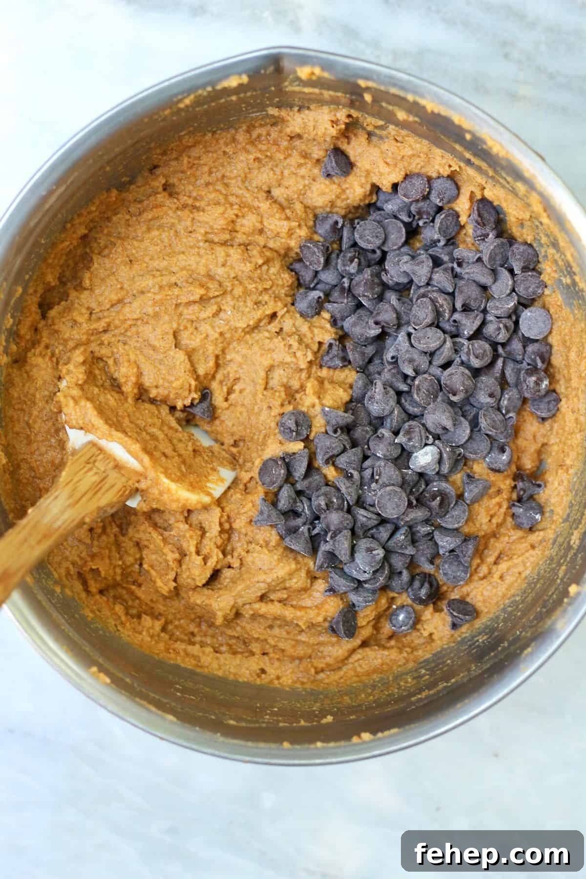 Almond Flour Pumpkin Bread Made with a Whole Can of Pumpkin 3 bowl of pumpkin batter with chocolate chip