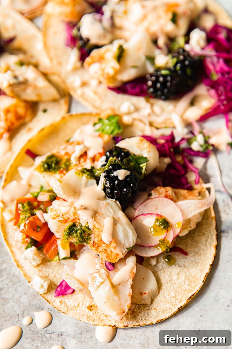 Grilled Fish Tacos with Blackberry Chili-Lime Salsa 3 fish taco closeup