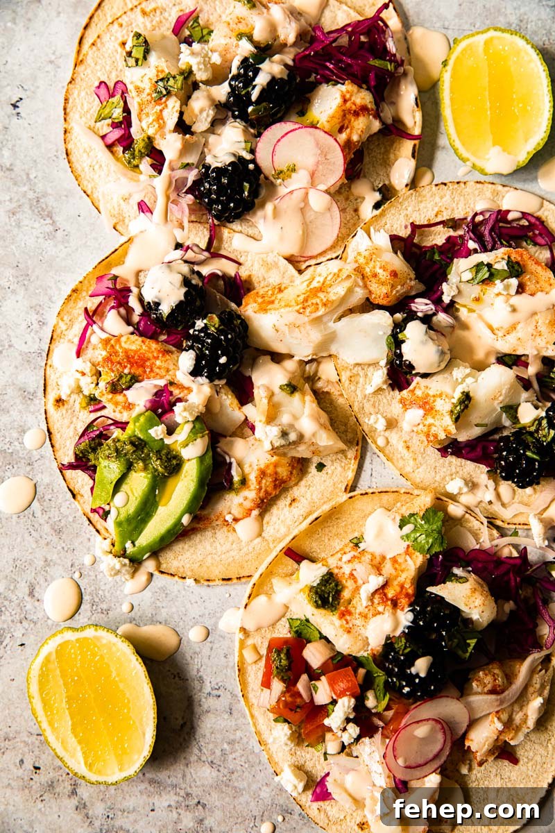 Grilled Fish Tacos with Blackberry Chili-Lime Salsa 5 top down view of fish tacos