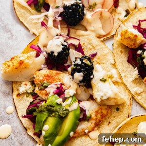 Grilled Fish Tacos with Blackberry Chili-Lime Salsa 6 top down view of fish tacos