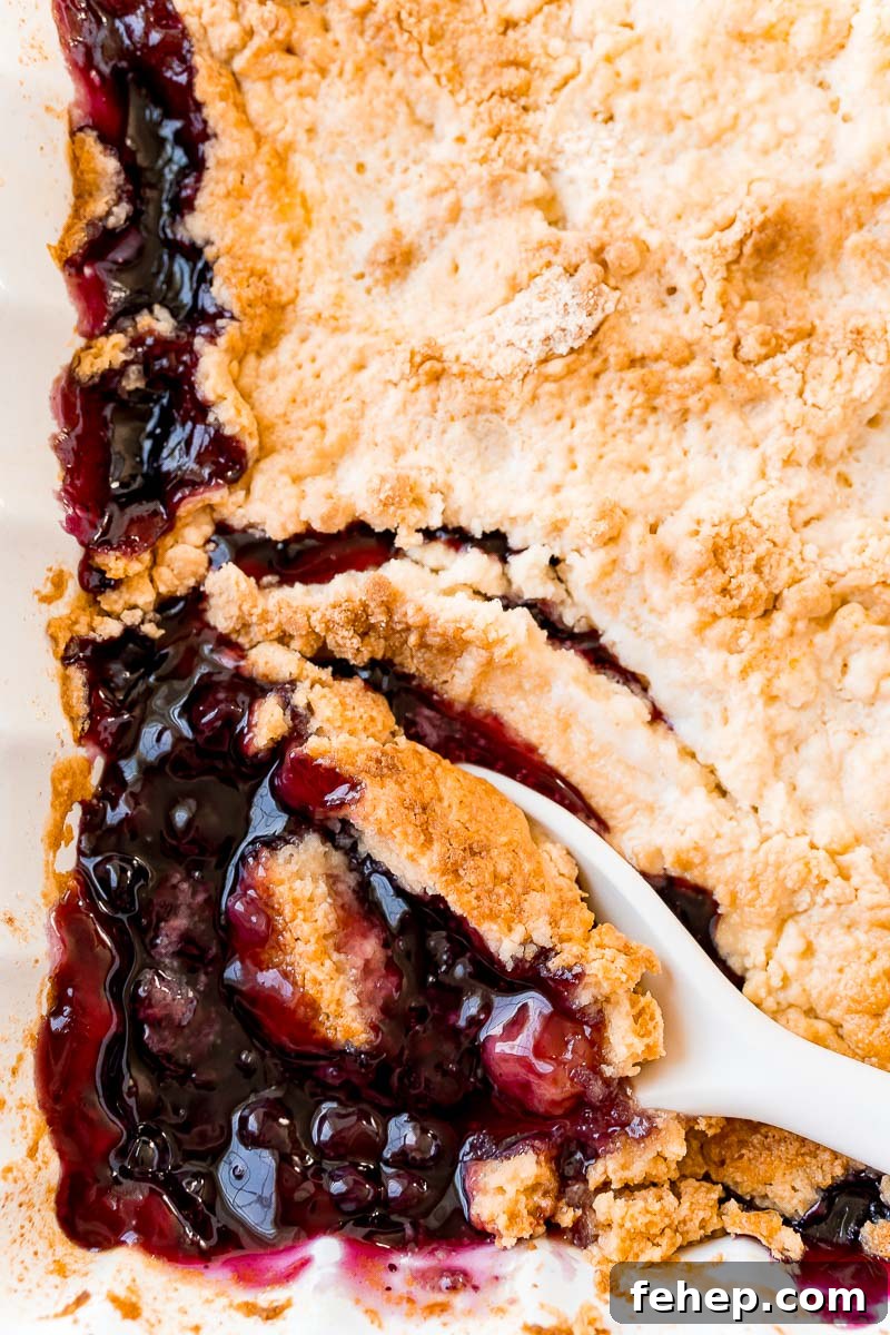 Overhead photo of a white serving spoon scooping bluberry dump cake cubbler out of a white baking dish.