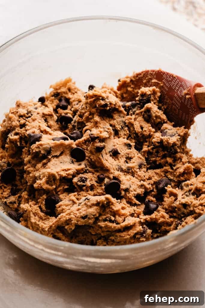 A bowl of the semi thick cookie dough, with chocolate chips folded in.