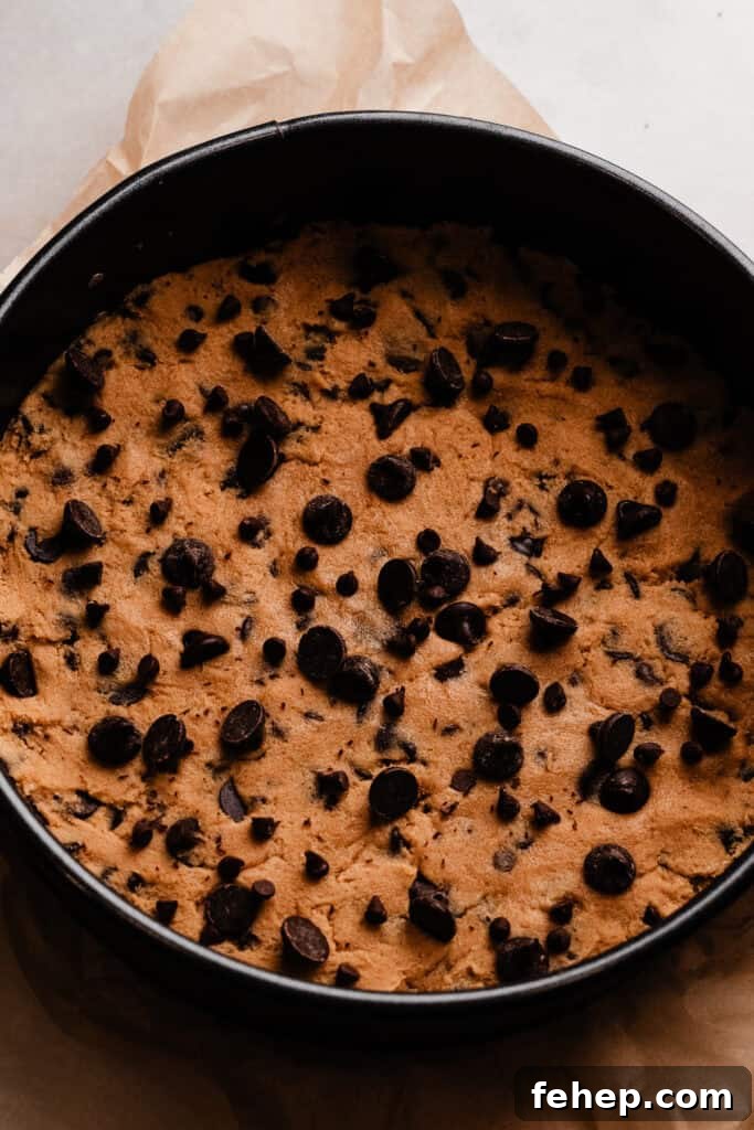 Chocolate chip cookie dough pressed into a springform pan, ready to be baked.