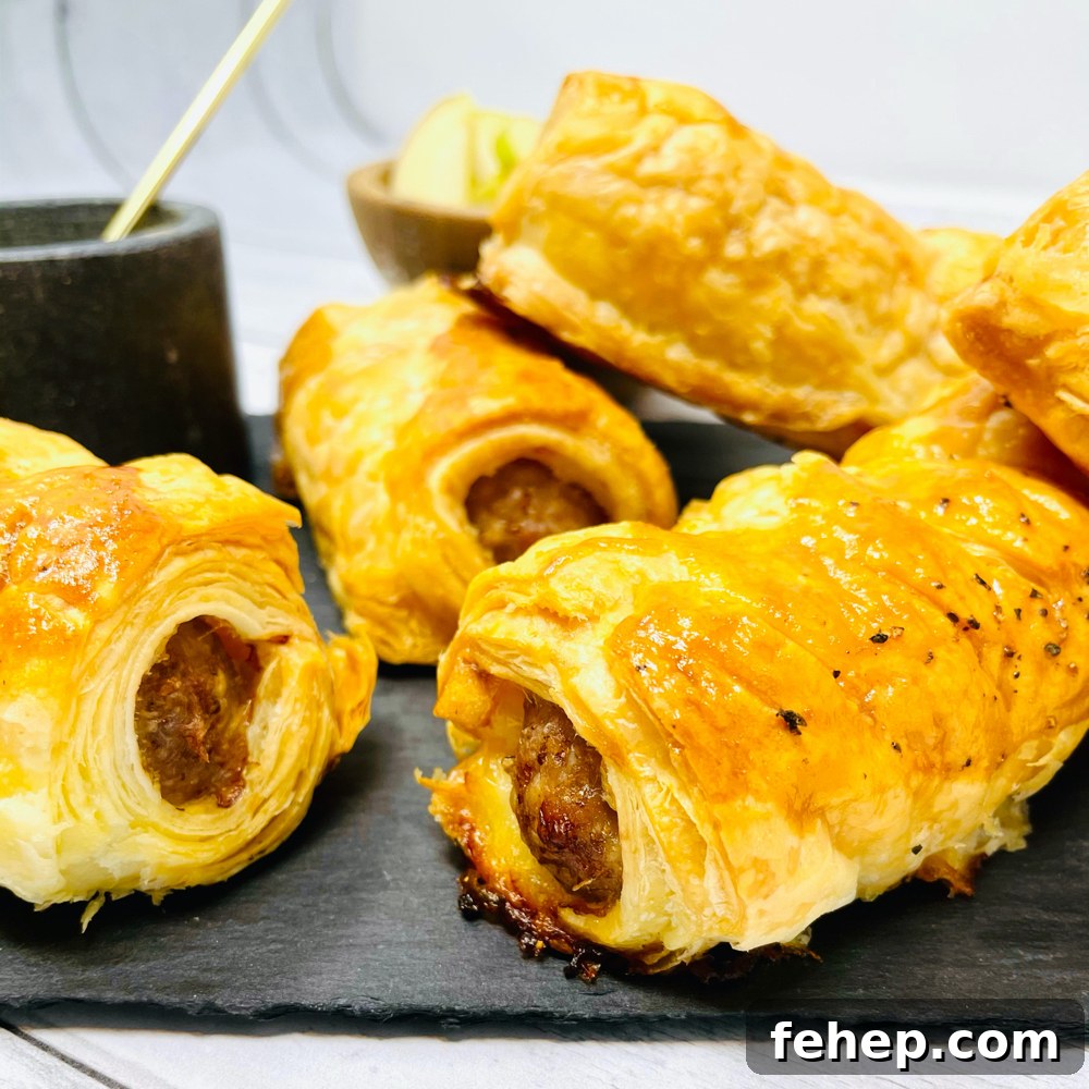Gourmet Sausage Roll Recipe: Flaky Pastry with Savory Filling 5 homemade sausage rolls served with a pot of mustard