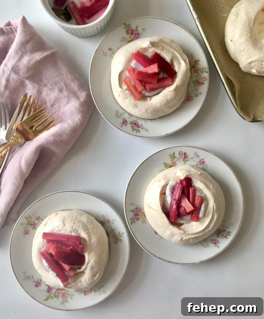 Rhubarb and Kaffir Lime Mini Pavlovas with Coconut Cream 4 mini pavlova rhubarb kaffir lime coconut cream