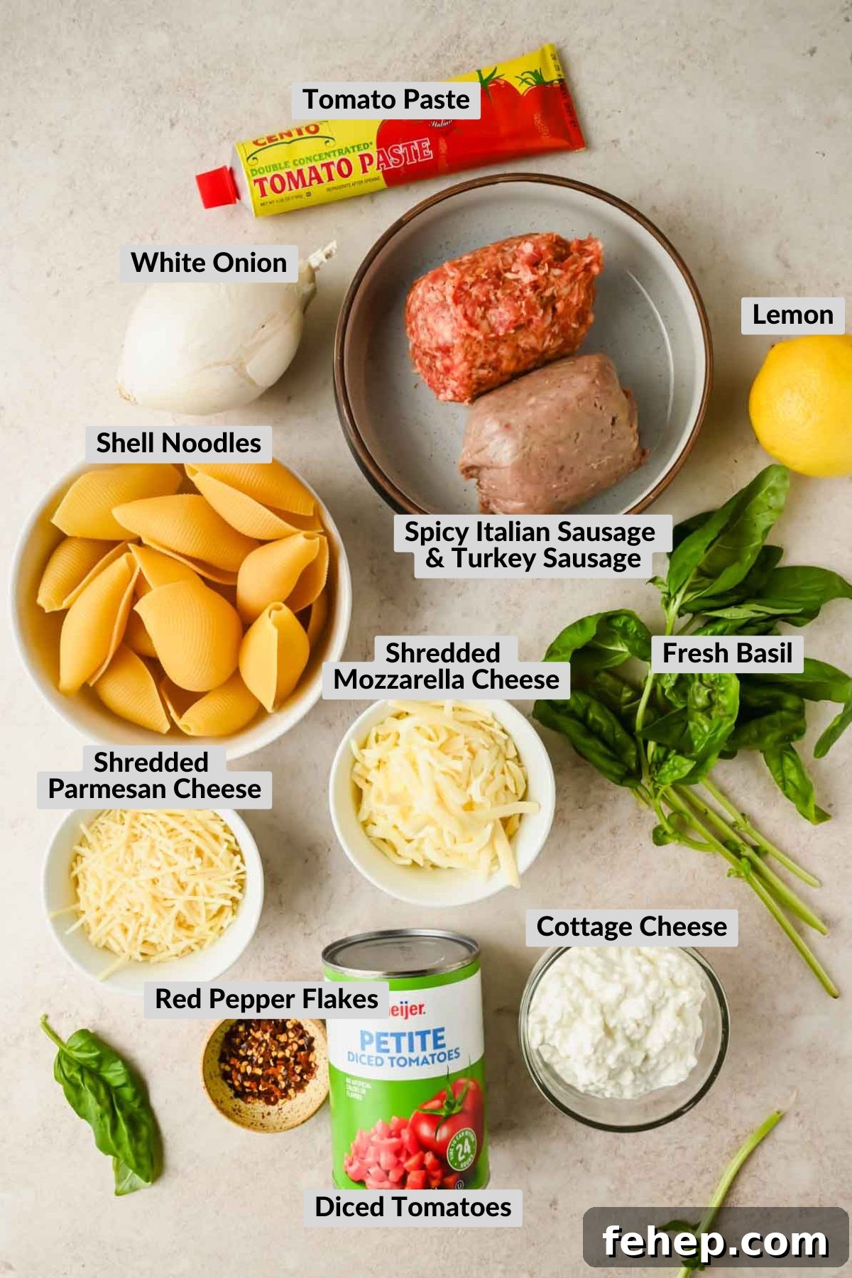 Unstuffed Shells Recipe: Cheesy Baked Pasta Skillet 3 ingredients for unstuffed shells in individual bowls on white background.
