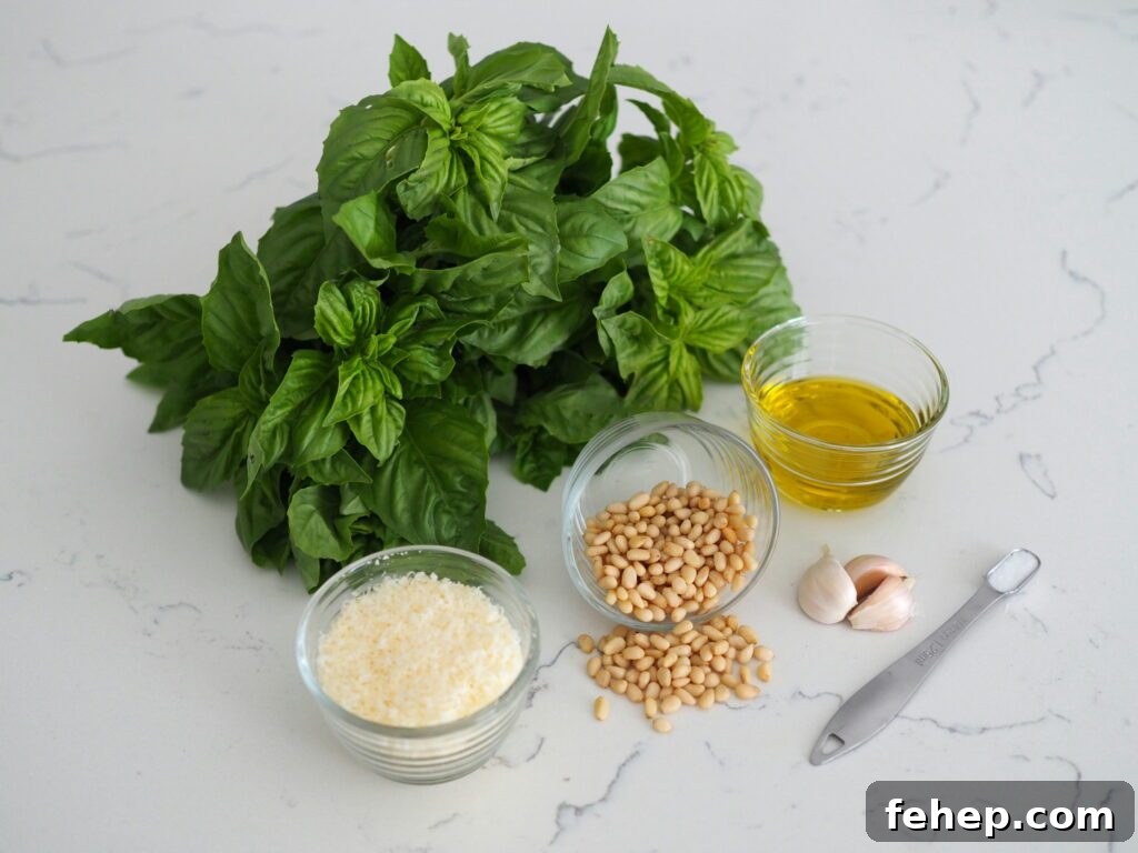 Basil, parmesan, pine nuts, olive oil, garlic, and salt on a white quartz counter.