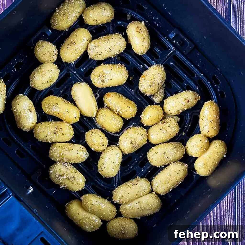 Crispy Air-Fried Gnocchi with Garlic Parmesan Crunch 6 Seasoned gnocchi in a single layer of the preheated air fryer basket.