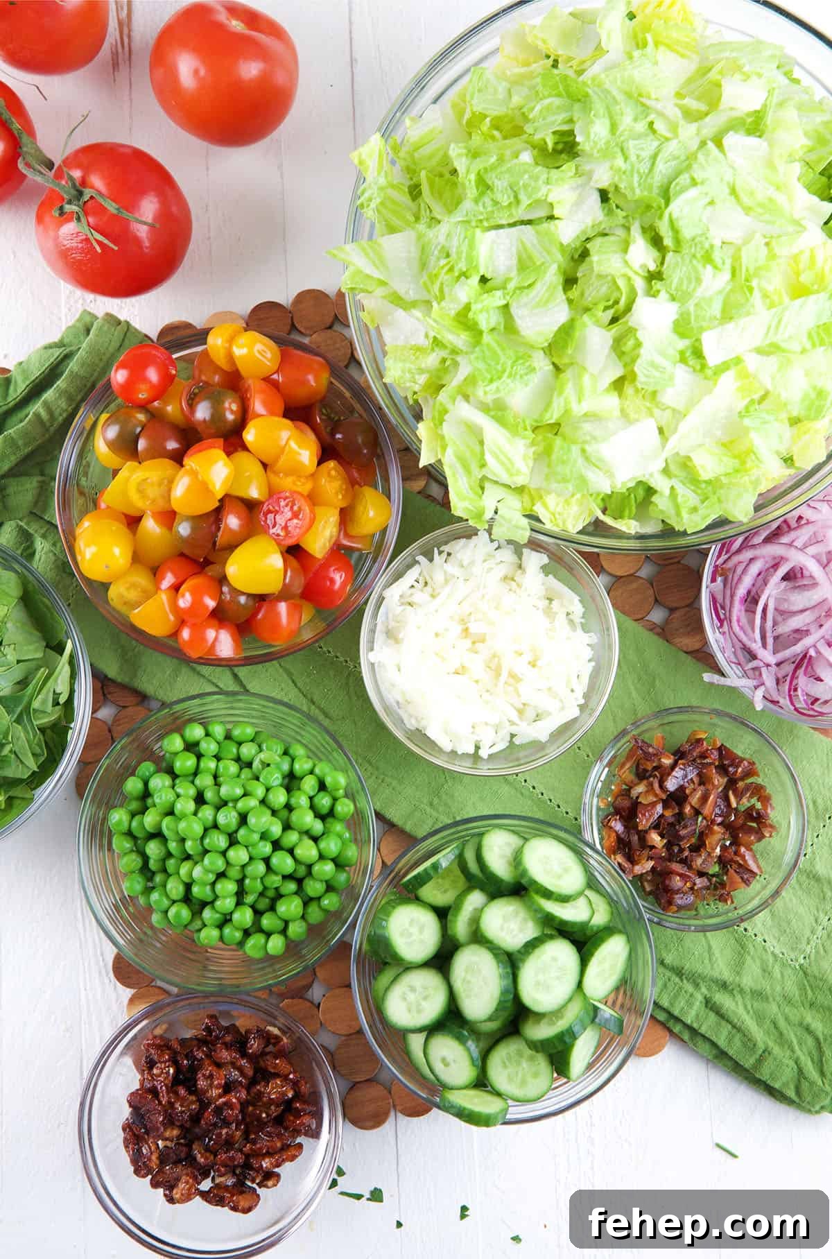 Overhead view of ingredients for house salad