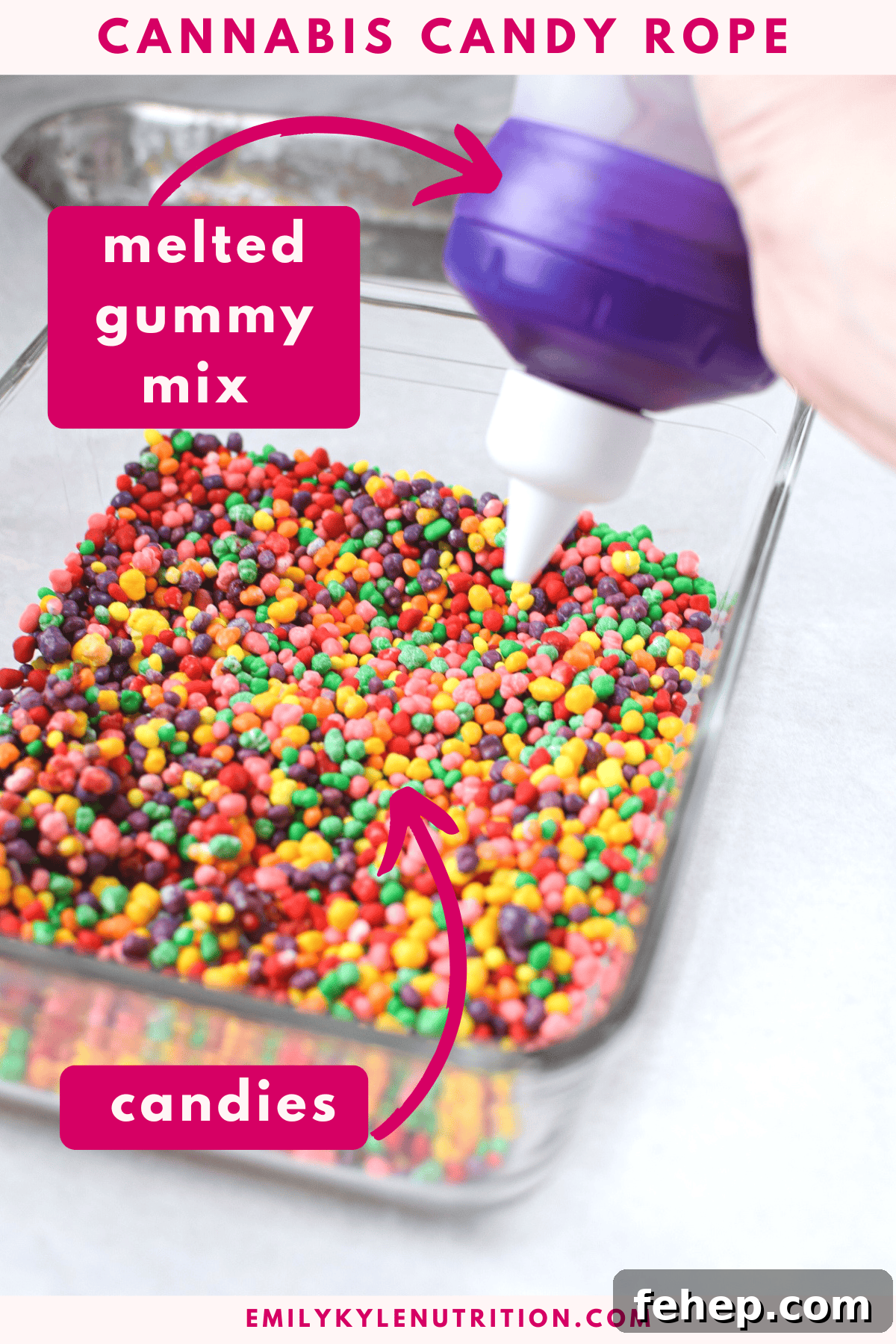 How to Make Cannabis-Infused Candy Ropes at Home 4 A bowl of candies with a hand holding a squeeze bottle over top.