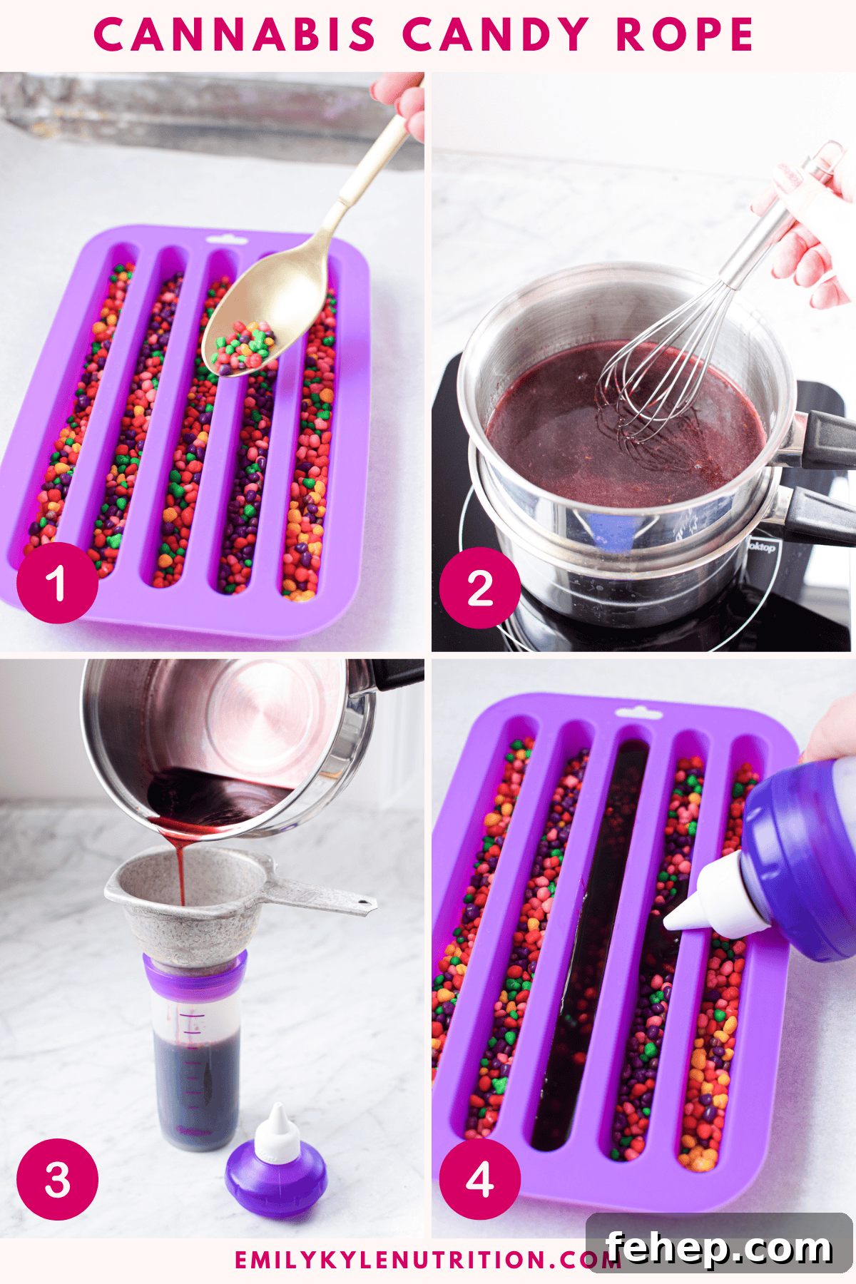 How to Make Cannabis-Infused Candy Ropes at Home 5 A four step image collage showing the first four steps in making cannabis nerds ropes.