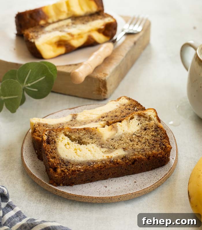 A picture of cream cheese banana bread with swirls 