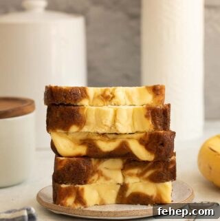 A picture of cream cheese banana bread with swirls