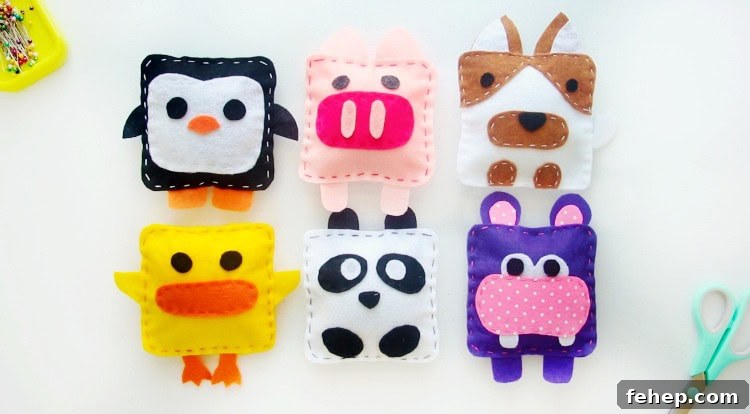 Panda Plush Sewing Pattern for Kids with Video Tutorial 4 felt animals penguin, pig, dog, duck, panda and hippo