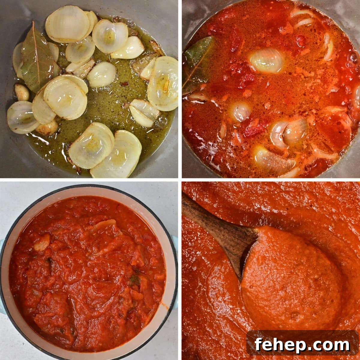 Authentic San Marzano Tomato Sauce Recipe for Rich Flavor 5 A four-panel image shows the stages of making tomato sauce: sautéed onions and garlic with bay leaves, simmering tomatoes with spices, chunky cooked tomatoes, and smooth blended tomato sauce with a wooden spoon.