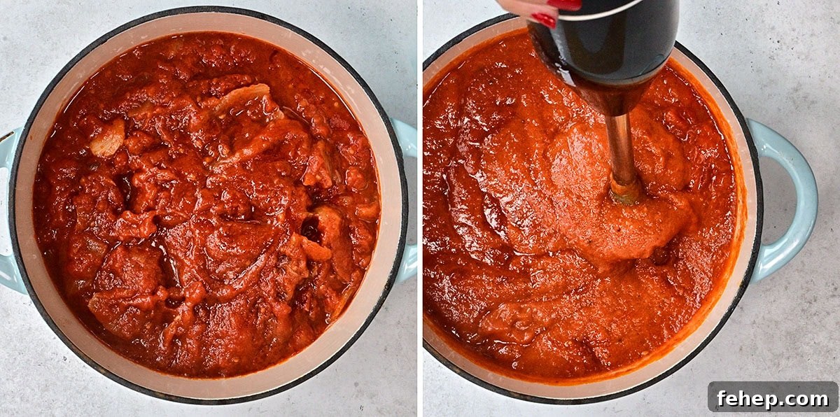 Authentic San Marzano Tomato Sauce Recipe for Rich Flavor 6 Two side-by-side images show a pot of red tomato sauce; the left side has chunky sauce, while the right side shows the sauce being blended into a smoother texture with an immersion blender.