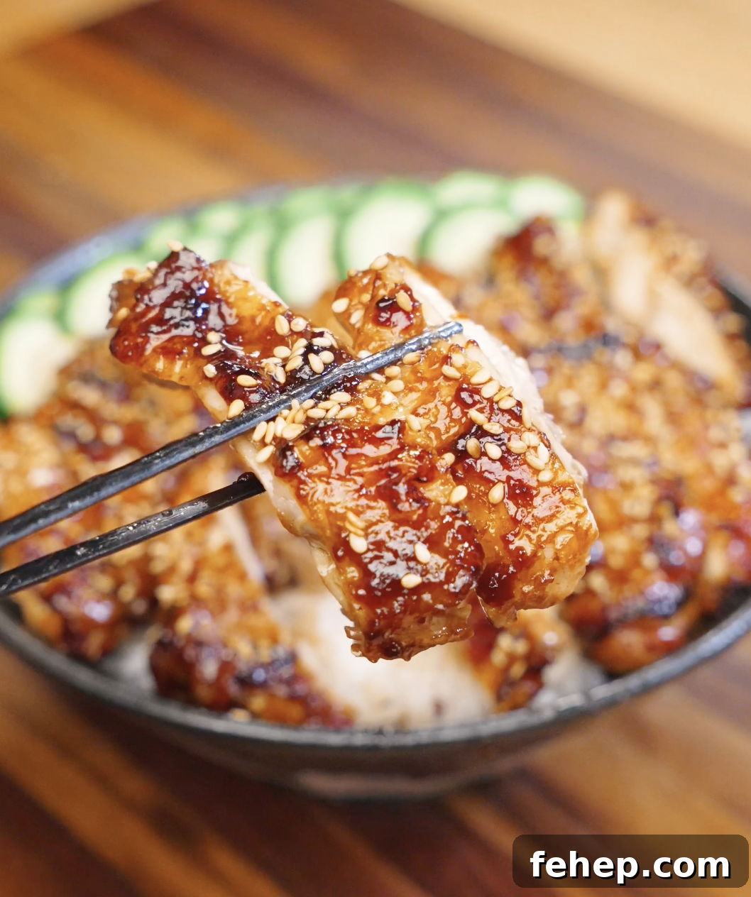 Chopsticks holding a glazed piece of Sweet Chili Chicken topped with sesame seeds over a rice bowl with cucumbers.