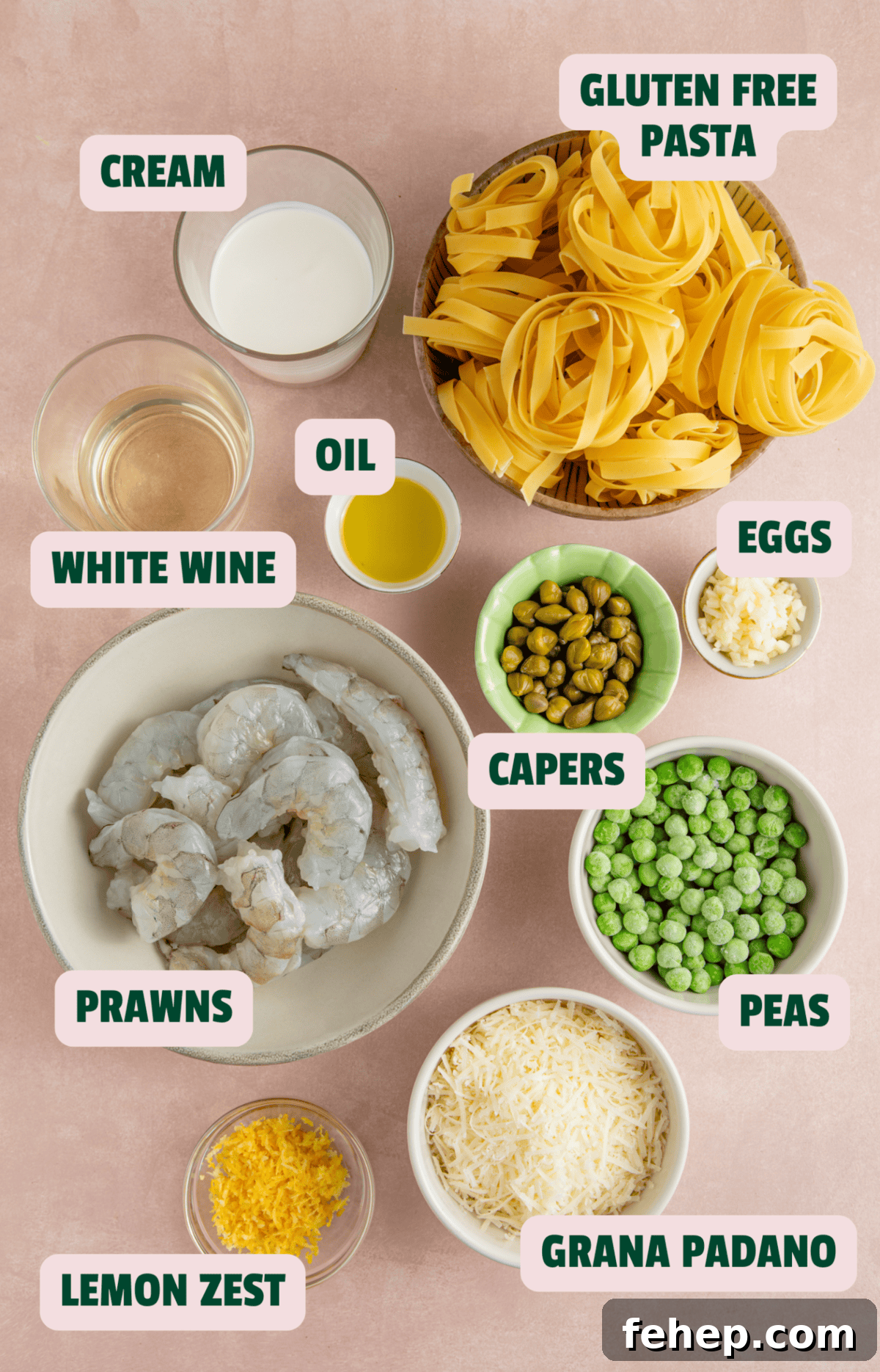 Creamy Garlic Prawn Pasta with Parmesan and Lemon 4 Ingredients for prawn pasta with text labels.