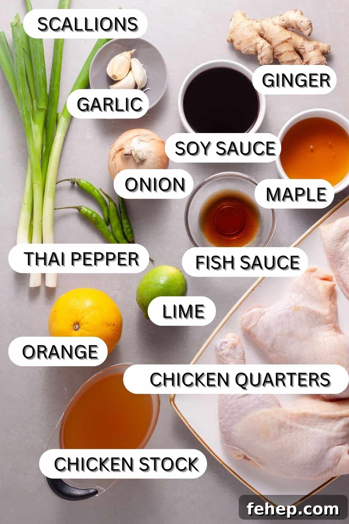 Ginger Citrus Soy Chicken with Spicy Sesame Glaze 3 Ingredients for a gray table for a braised spicy chicken quarters with ginger, citrus and soy.