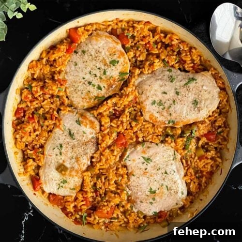 Spanish-Style Pork Chops with Garlic Tomato Rice 12 Spanish pork chops and rice garnished with chopped parsley in a light colored skillet.