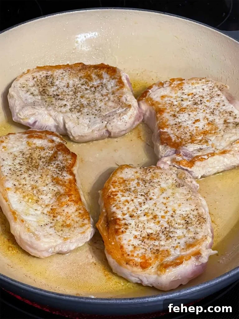 Spanish-Style Pork Chops with Garlic Tomato Rice 4 Browned pork chops in a skillet.