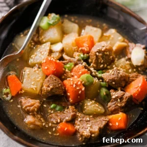 Close-up of a hearty Asian beef stew with slow-cooked beef, carrots, and daikon in a savory broth, topped with sesame seeds and fresh green onions.