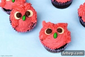 How to Make Adorable Owl Cupcakes for Parties and Gifts 7 Owl Cupcakes are soft and fluffy chocolate cupcake decorated with a vanilla buttercream to look like gorgeous, googly eyed owls! Perfect for a birthday cake, party, get together or just for fun. #owlcupcakes #pinkowl