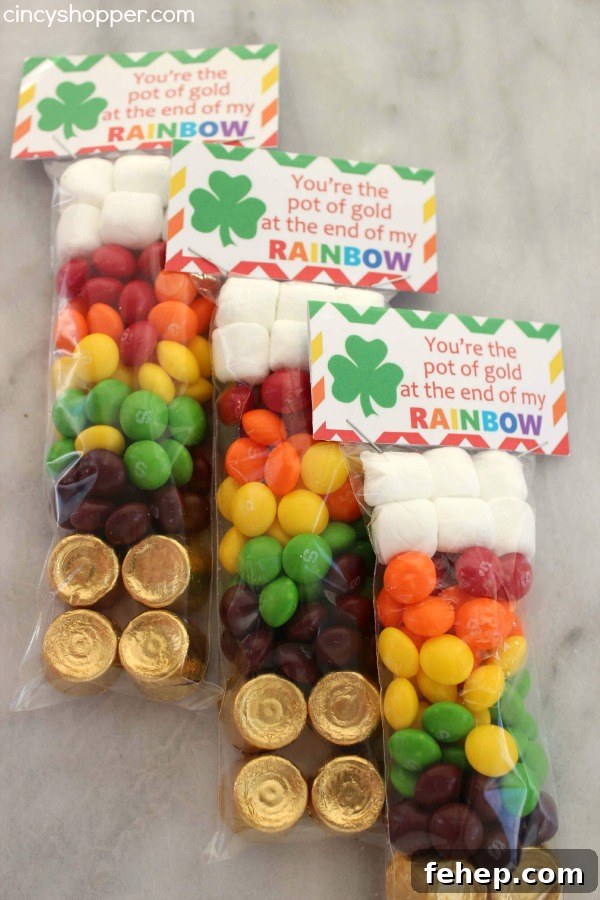 St. Patrick’s Day Rainbow Skittles Treat Bags 3 St. Patrick's Day Rainbow Skittles Treat Bags with FREE Printable Tag. Perfect and inexpensive treat idea for St. Patrick's Day. The kiddos will love them.