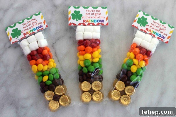 St. Patrick’s Day Rainbow Skittles Treat Bags 8 Finished St. Patrick's Day Rainbow Skittles Treat Bags ready to gift.