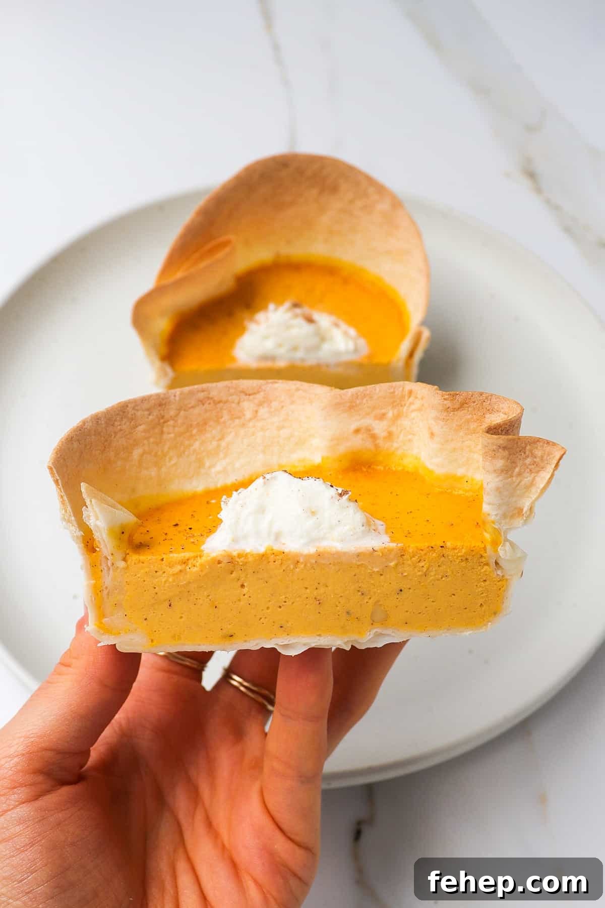 Inside shot of pumpkin pie in hand.