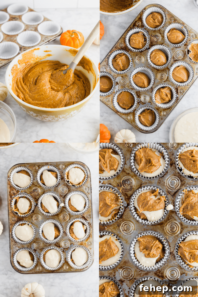 Gluten-Free Pumpkin Cream Cheese Muffins Recipe for Fall 2 A photo showing the process of making gluten-free pumpkin cream cheese muffins, from mixing the batter to layering the pumpkin muffin batter and cream cheese filling in the muffin tins.