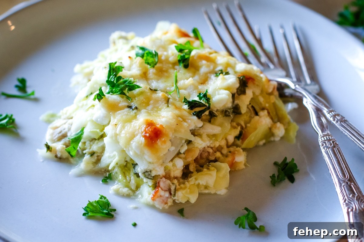 chicken cabbage bake on a white plate.