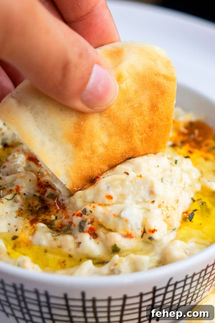 Pita Bread Being Dipped in Homemade Eggplant Dip.