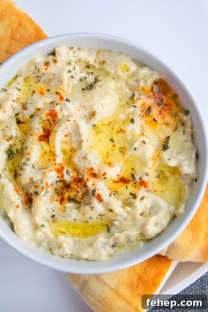 Easy Homemade Baba Ganoush Dip in a White Bowl- Overhead Shot.