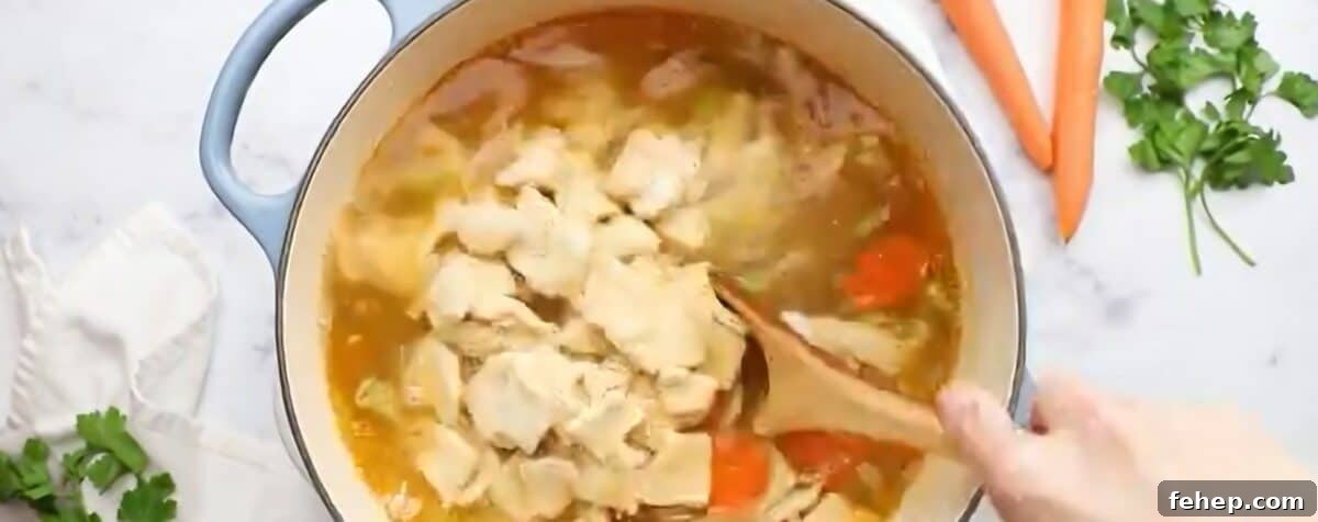 Classic Chicken and Dumplings Recipe for Comforting Weeknight Dinner 8 Adding the noodles to the pot with the veggies and broth.