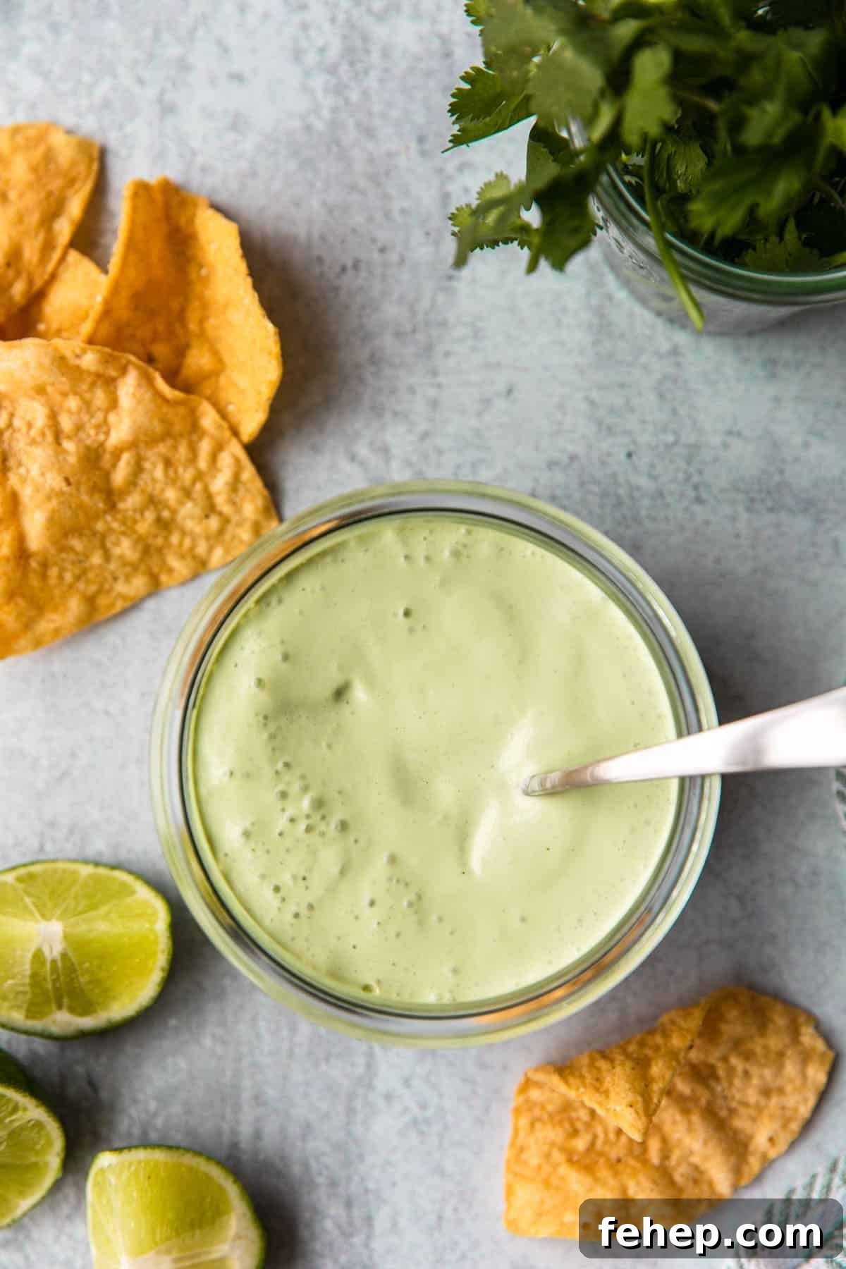 cilantro garlic sauce with some chips