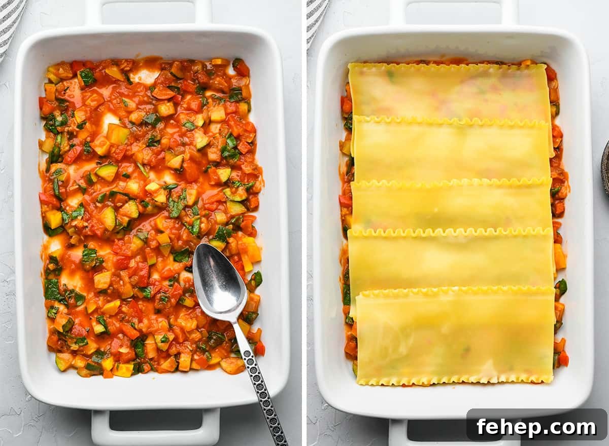 Hearty Vegetable Lasagna Recipe with Spinach & Ricotta 10 two photos showing how to assemble vegetable lasagna in a baking dish