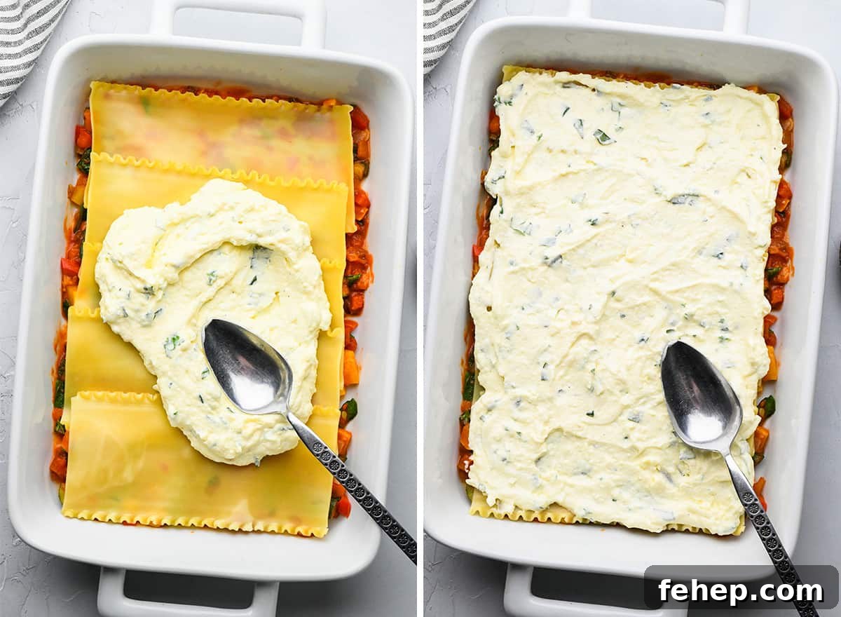 Hearty Vegetable Lasagna Recipe with Spinach & Ricotta 11 two photos showing how to assemble vegetable lasagna in a baking dish