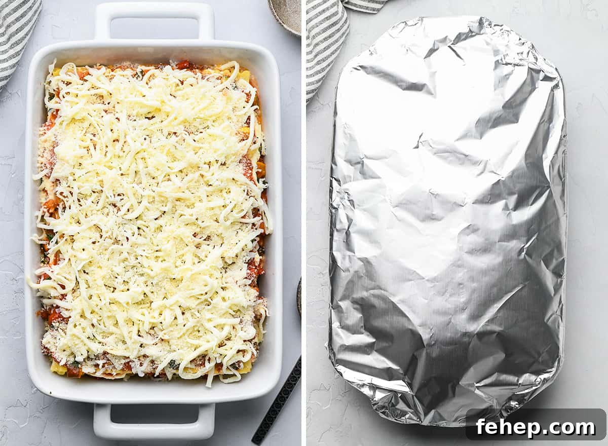 Hearty Vegetable Lasagna Recipe with Spinach & Ricotta 12 two photos showing assembled vegetarian lasagna in a baking dish uncovered then covered with foil.