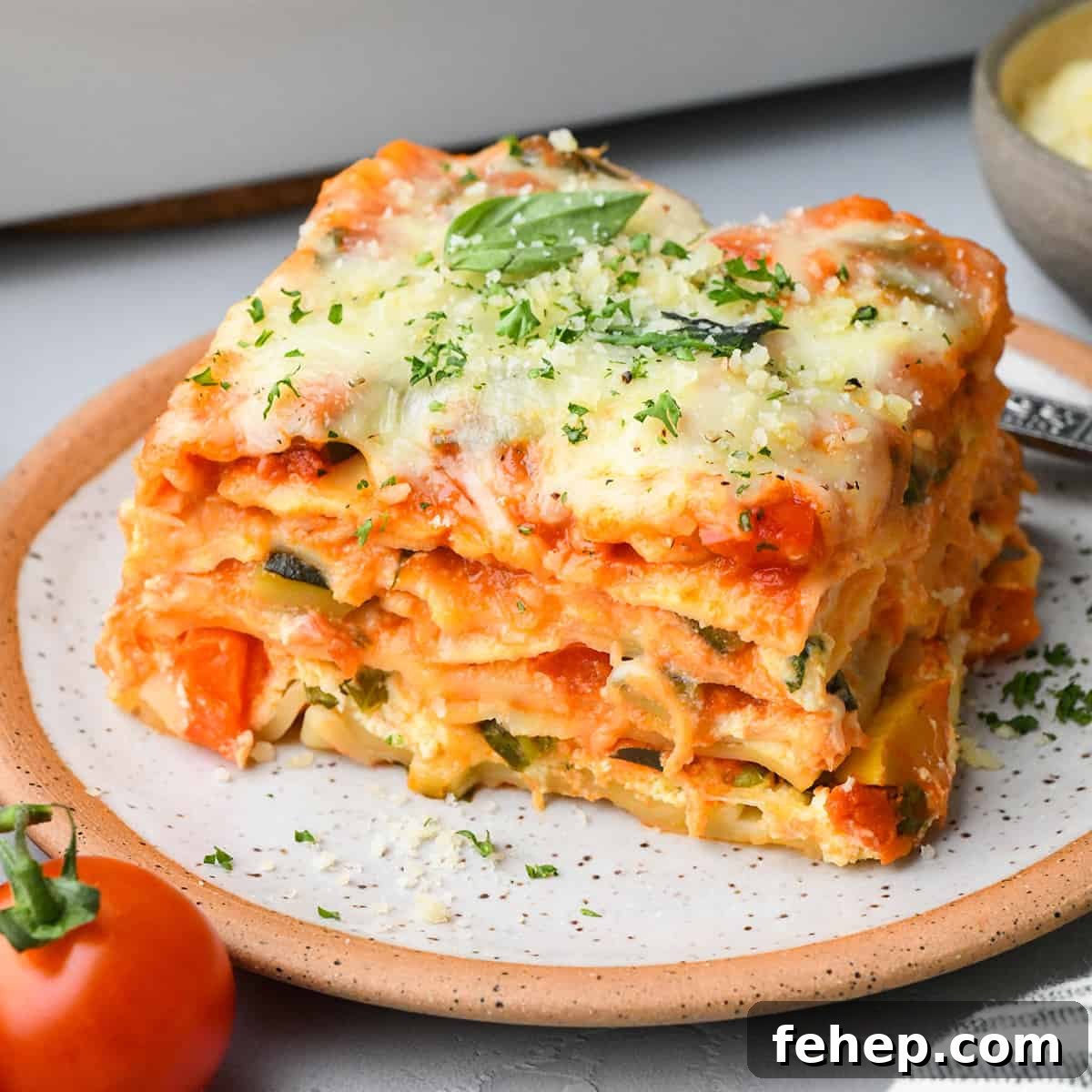 Hearty Vegetable Lasagna Recipe with Spinach & Ricotta 16 a piece of Vegetable Lasagna on a plate