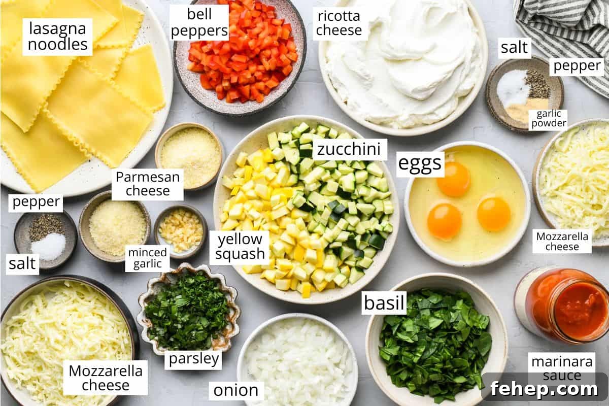Hearty Vegetable Lasagna Recipe with Spinach & Ricotta 4 overhead photo of the labeled ingredients in this Vegetable Lasagna recipe
