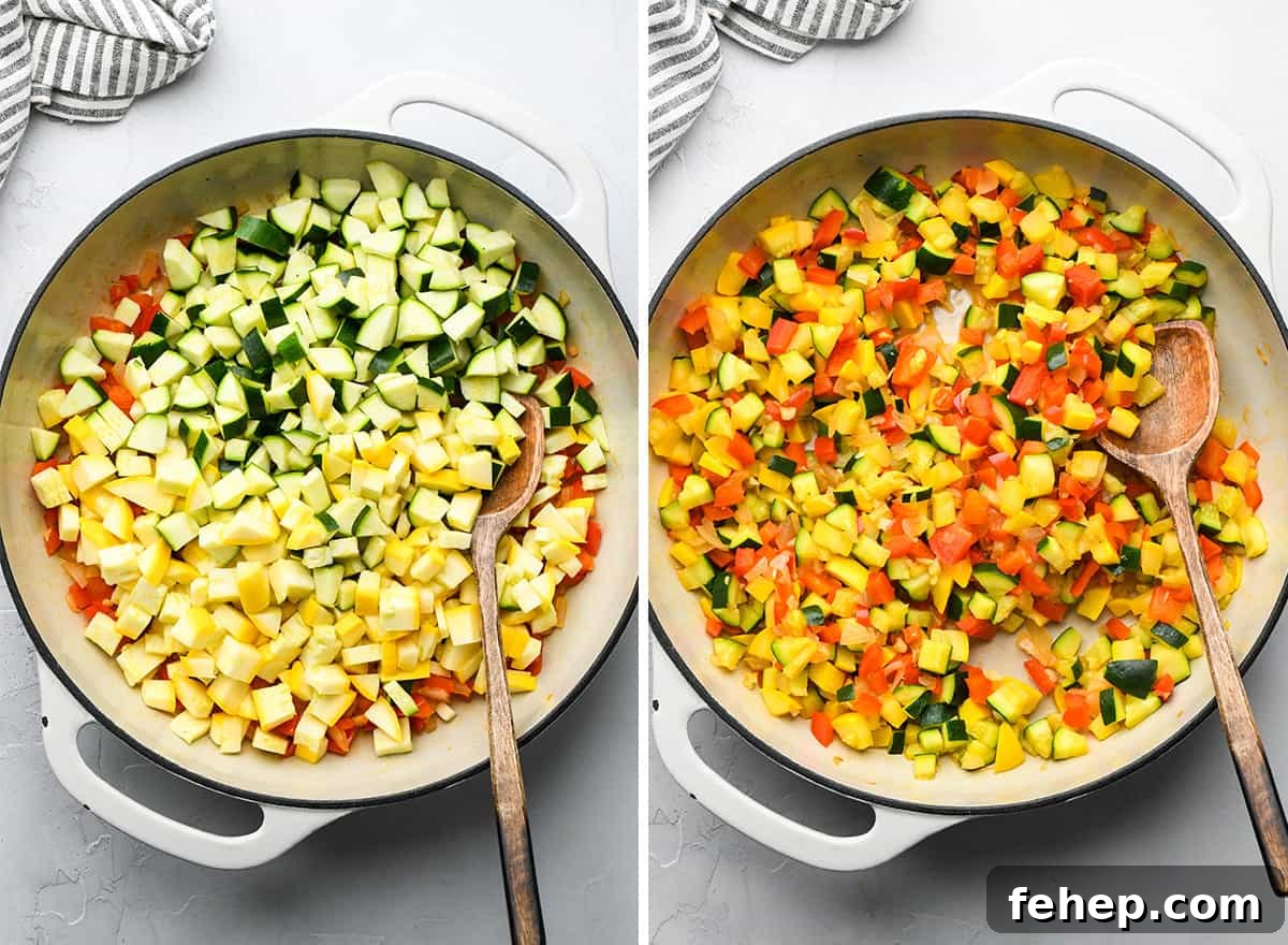 Hearty Vegetable Lasagna Recipe with Spinach & Ricotta 8 two photos showing how to make vegetable lasagna - cooking vegetables