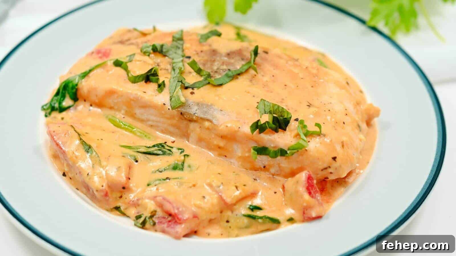 19 Authentic Italian Dinners That Feel Effortless and Homey 20 Plate of salmon in creamy sauce garnished with chopped herbs, featuring spinach and red peppers.