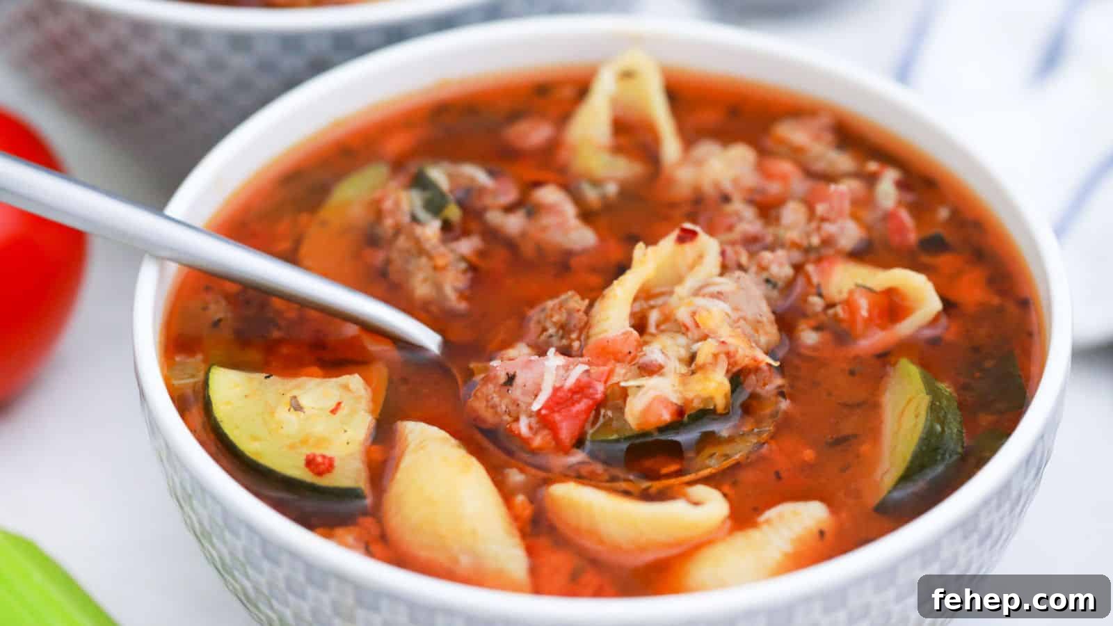 19 Authentic Italian Dinners That Feel Effortless and Homey 10 Minestrone Soup with Sausage in white bowl with spoonful.