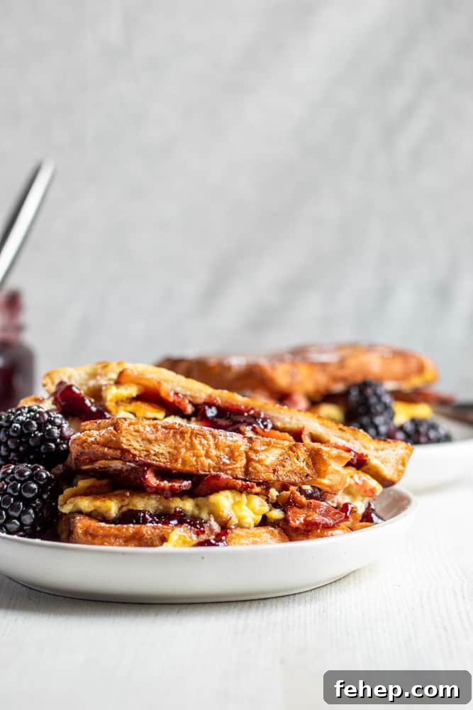Bacon Blackberry French Toast Sandwich French toast on a white plate with second in the background on a white wood counter.